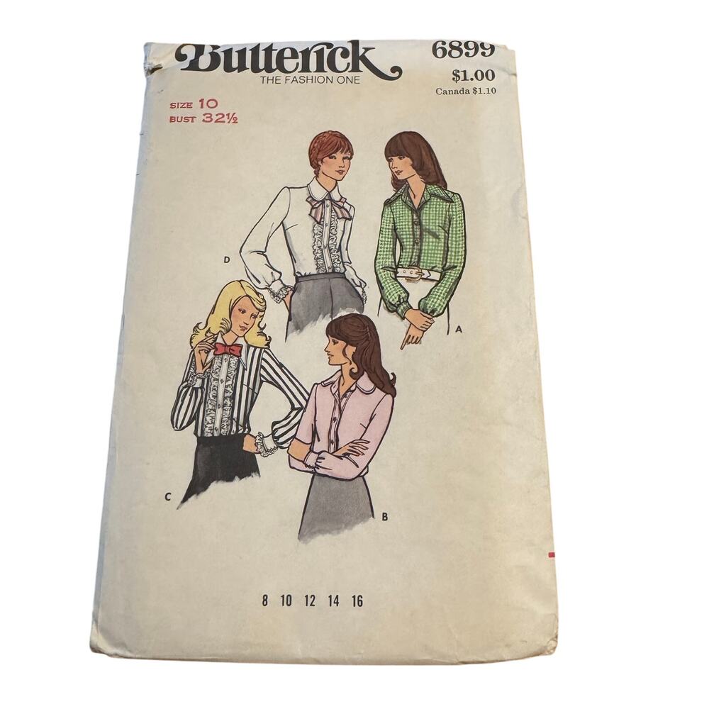 Vintage 1970s Butterick 6899 Blouse Sewing Pattern Size 10 Bust 32.5 Ruffle Bow